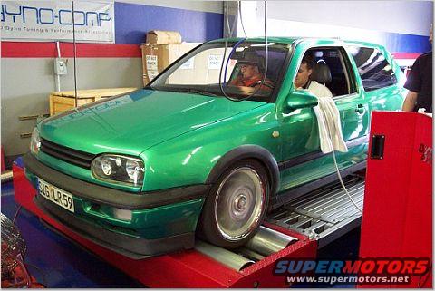 Green Volkswagen Golf Mk3 on a dynamometer, license plate GAG LR 59