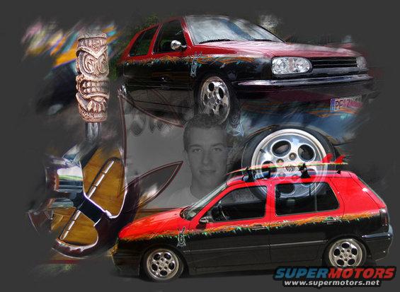 Red and black VW Golf GTI with custom graphics, surfboards on roof rack, and a tiki shift knob