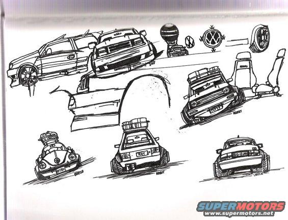 Sketch of Volkswagen Beetle, Jetta, and other car parts