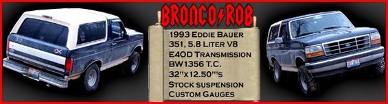 1993 Ford Bronco Eddie Bauer, front 3/4 view, and rear 3/4 view. Text lists specs