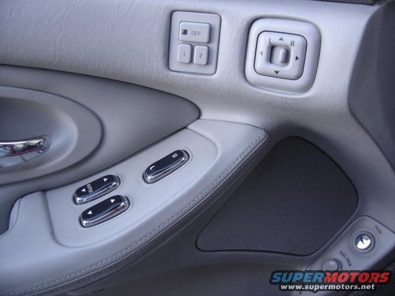 Car door interior with window controls and mirror adjustment buttons