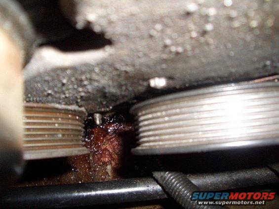 Close-up of a greasy engine part with a leak, showing pulleys and a wire loom