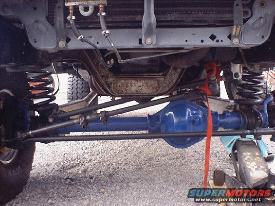 Underside view of a vehicle's front axle and suspension, with blue-painted differential and black steering components