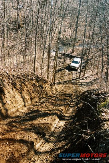 White SUV on a muddy forest trail, tires visible on the dirt