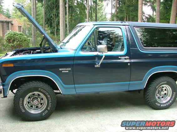 1985 Ford Bronco side profile, hood open, showing engine bay. Two-tone blue paint