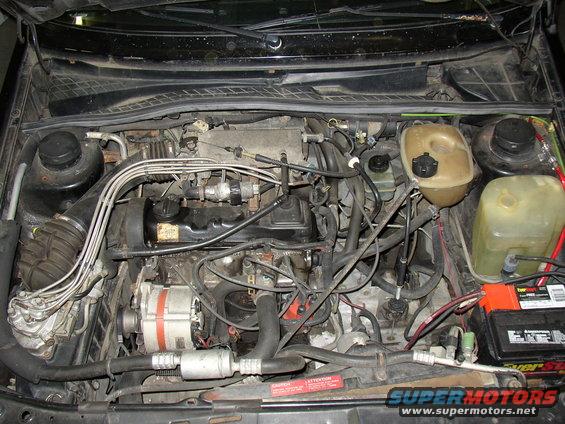 engine bay with hoses, wires, battery, and coolant reservoirs visible