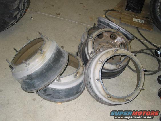 centercuthummers.jpg Hummer rims with the centers cut out. In one of the rims, you can see how the new centers fit. 