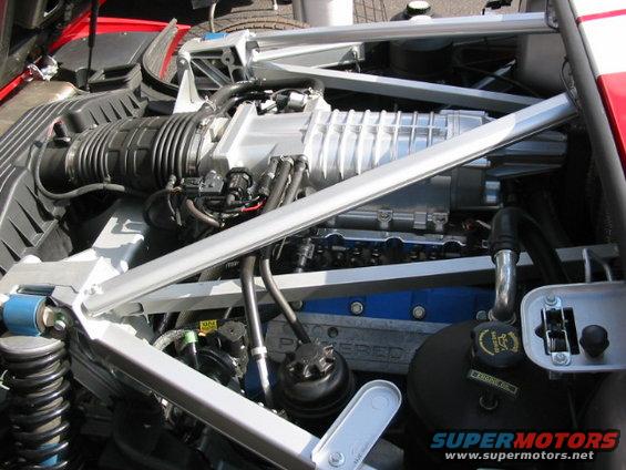 Engine bay showing a supercharger, intake manifold, and engine block. Text on the engine block reads 'POWERED'