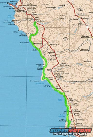 Map showing the Baja California coast with a highlighted route
