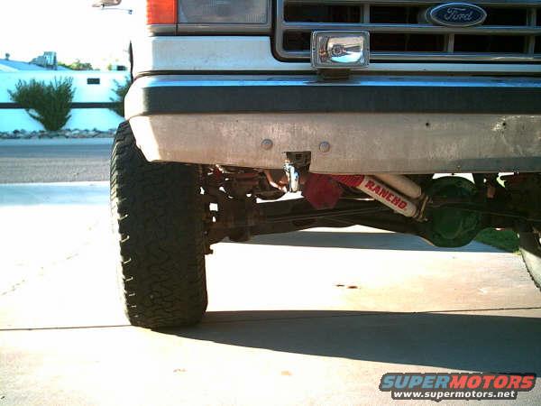 Front suspension and tire of a 1988 Ford Bronco with Ranen shocks