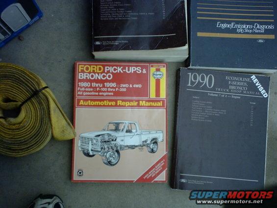 Three automotive repair manuals, one for 1990 Ford Econoline, F-Series, Bronco, and another for Ford Pick-ups & Bronco 1980-1996