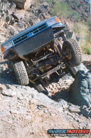 Blue Ford Bronco tilted on rocky terrain, front grille visible with diamond plate bumper