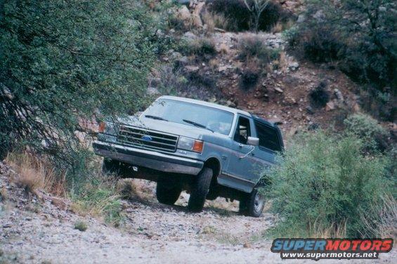 Gray Ford Bronco driving on a dirt road with brush on either side