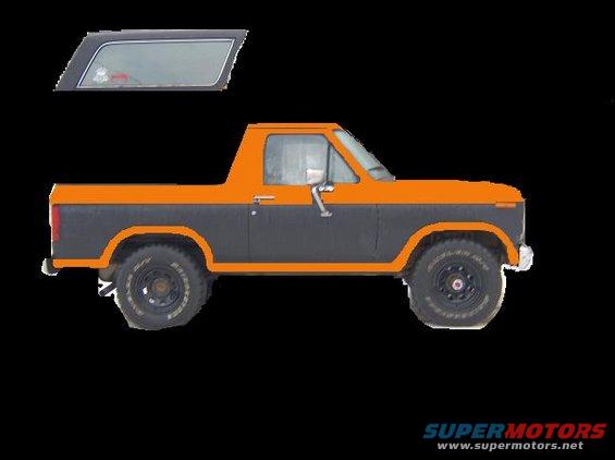 Two-tone gray and orange Ford Bronco with removable top section shown above