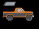 1985 Ford Bronco - Side view of a two-tone gray and orange Ford Bronco, with its removable top section displayed separately.