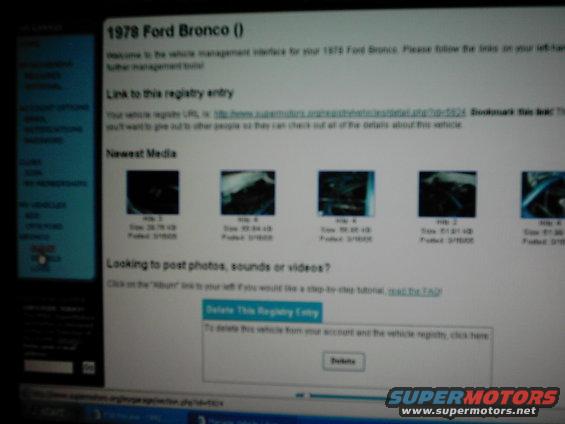 Computer screen showing a 1978 Ford Bronco registry page with thumbnails of media