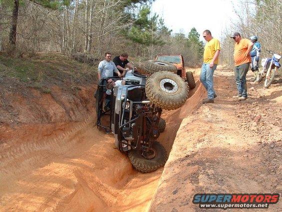 Overturned off-road vehicle in a dirt ditch with people standing nearby and another vehicle and motorcycle in the background