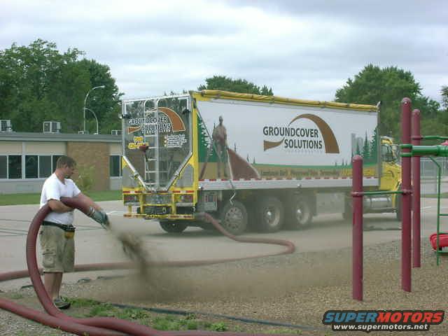Man using hose connected to a truck labeled "GROUNDCOVER SOLUTIONS" to blow material