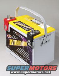 Yellow Delco Intimidator car battery with red and black terminals and a white handle