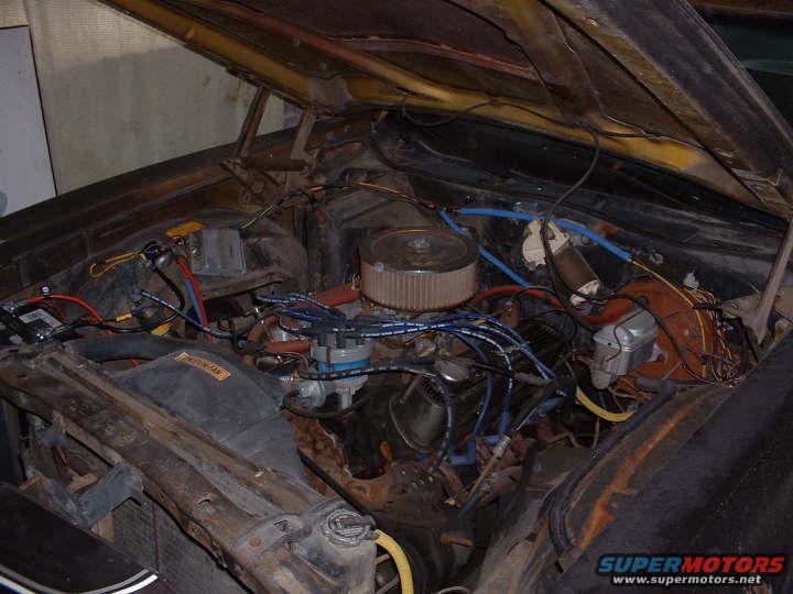 1972 Ford Ranchero engine bay with V8 engine, air filter, and wiring