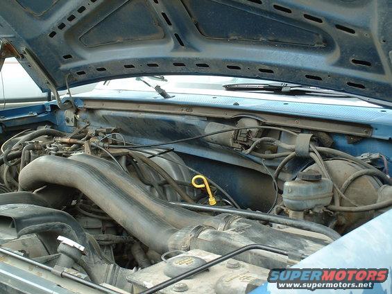 Blue Ford engine bay with open hood, showing hoses, engine components, and the windshield wipers