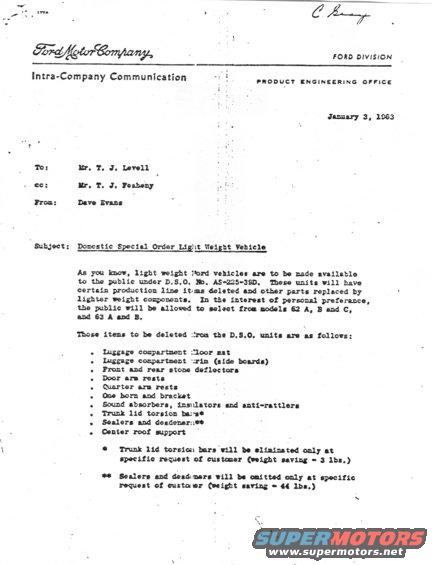 Ford Motor Company intra-company communication dated January 3, 1963, about domestic special order light weight vehicles