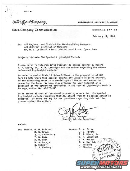 Ford Motor Company document about a Galaxie 500 Special Lightweight Vehicle