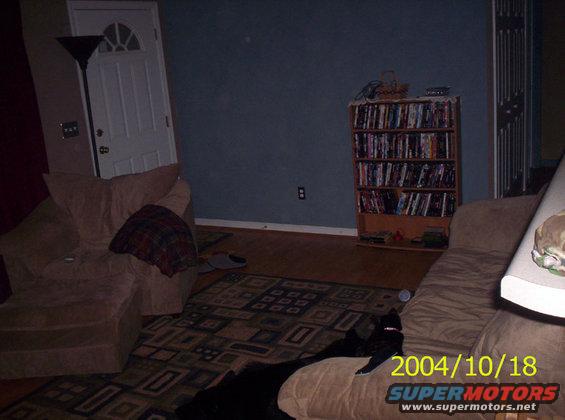 Interior scene with couches, a bookshelf, and a door