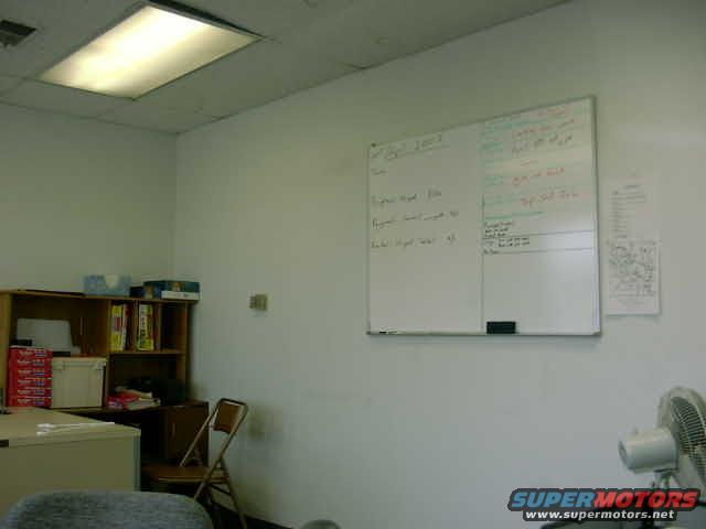 Office scene with a whiteboard listing tasks, shelves with books and boxes, and a desk
