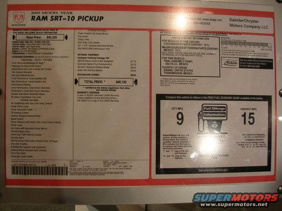 Window sticker for a 2005 Dodge Ram SRT-10 Pickup, showing price and features
