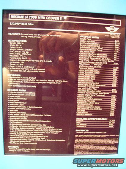 Document titled "RESUME of 2005 MINI COOPER S" with price and specifications