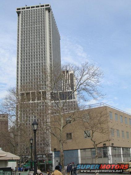 Tall office building and smaller tan building with bare trees in foreground