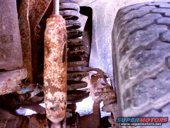 close-up of rusty shock absorber, coil spring, and tire tread