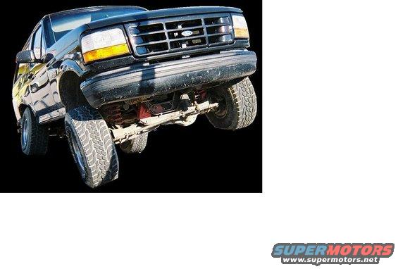 Black Ford Bronco, front end angled up, showing suspension and grille