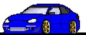 Blue car with gold wheels, front 3/4 view