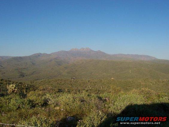 mountain range with cacti and brush under a clear blue sky