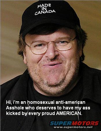 Michael Moore wearing a "Made in Canada" hat and glasses