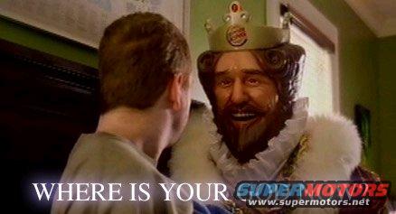 Burger King mascot talking to a person, with text 'WHERE IS YOUR' and 'SUPERMOTORS www.supermotors.net' on screen