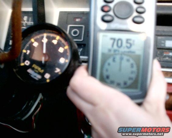 Close-up of a tachometer and a GPS device showing 70.5 degrees