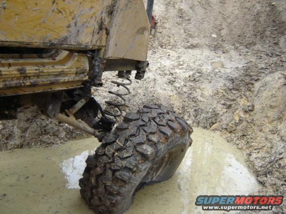 Yellow off-road vehicle tire in mud, showing suspension components and muddy body panels
