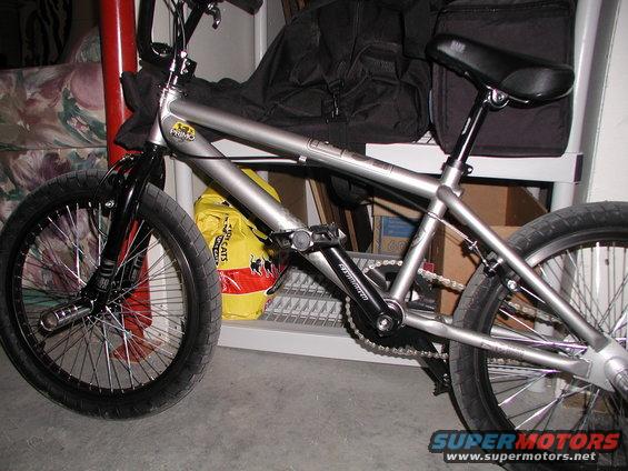 Silver BMX bike with black forks and pedals. Yellow bag with cats on it in background