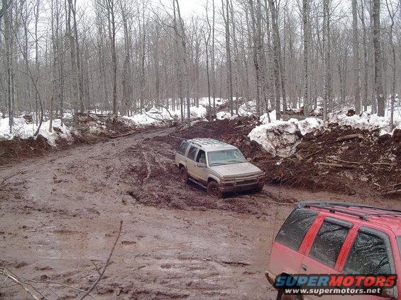 Silver SUV stuck in mud on a wooded trail. A red SUV is in the foreground