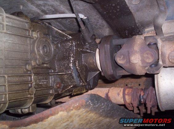 Close-up of greasy drivetrain components including transmission and driveshaft