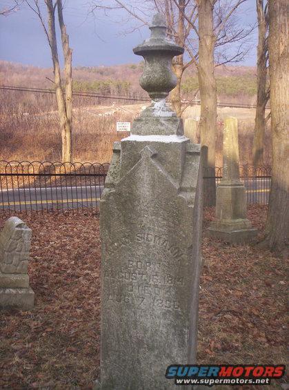 Gravestones and bare trees in a cemetery with a road and distant hills