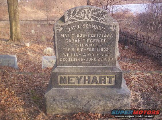 Gravestone with names and dates, surrounded by fallen leaves and other headstones