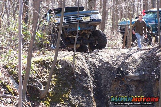 1979 Ford Bronco with lifted suspension on dirt embankment, front view. Another vehicle and person visible