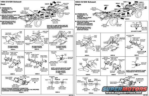 exhaust94.jpg Exhaust 1994

Exhaust System Alignment 
   
1. Raise and support the vehicle.
2. Check for loose, damaged, or missing heat shields. Install new heat shields as necessary. Check for any trapped foreign material between the heat shields and the exhaust system components. 
3. Loosen all exhaust component fasteners and clamps from the exhaust manifolds to muffler inlet pipe. 
4. NOTE: Make sure the exhaust insulators are free to move.  Beginning at the front of the vehicle, align the exhaust system to establish the maximum clearance.  Make sure the muffler extension pipe and the muffler inlet pipe are pushed all the way into the preceding pipe and the notches are correctly lined up with the tabs. 
5. Beginning at the front of the vehicle, tighten all fasteners and clamps to specification.
6. Start the engine and check the exhaust system for leaks. 