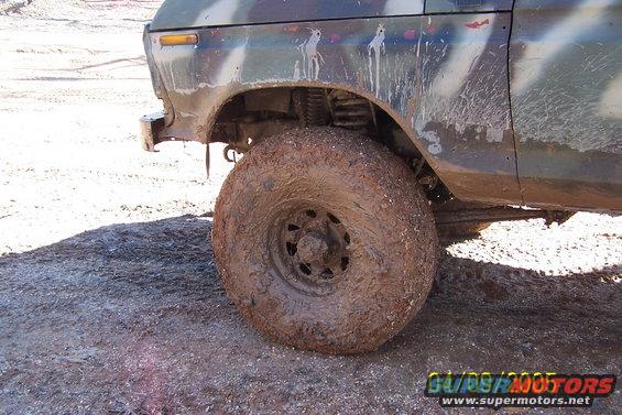 Mud-caked tire and lower fender of a camouflaged vehicle
