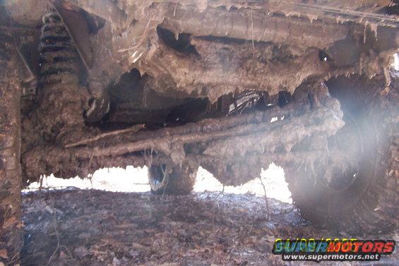 Mud-caked undercarriage of a vehicle with visible suspension and tires