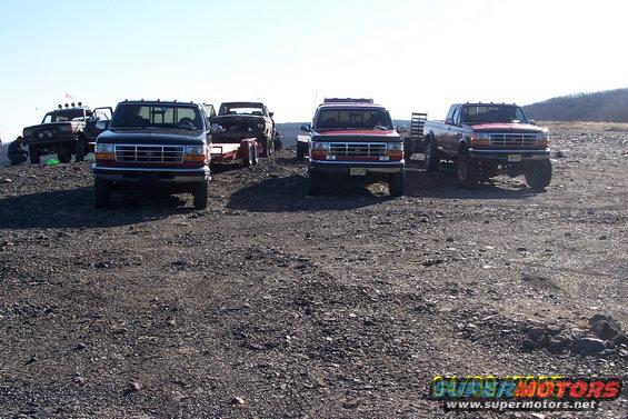 Several Ford F-Series trucks parked on a gravel lot